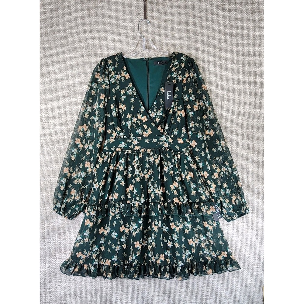 Lulus Green‎ Floral Faux Wrap Midi Dress Ruffle Womens S Tie Tiered Lined NWT